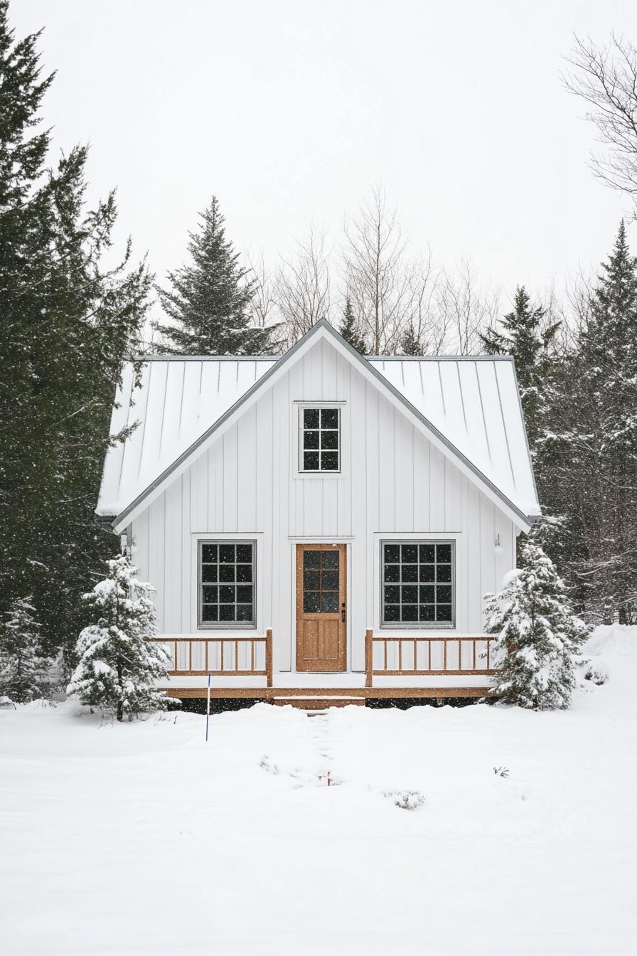 Snow-draped tiny house amidst trees