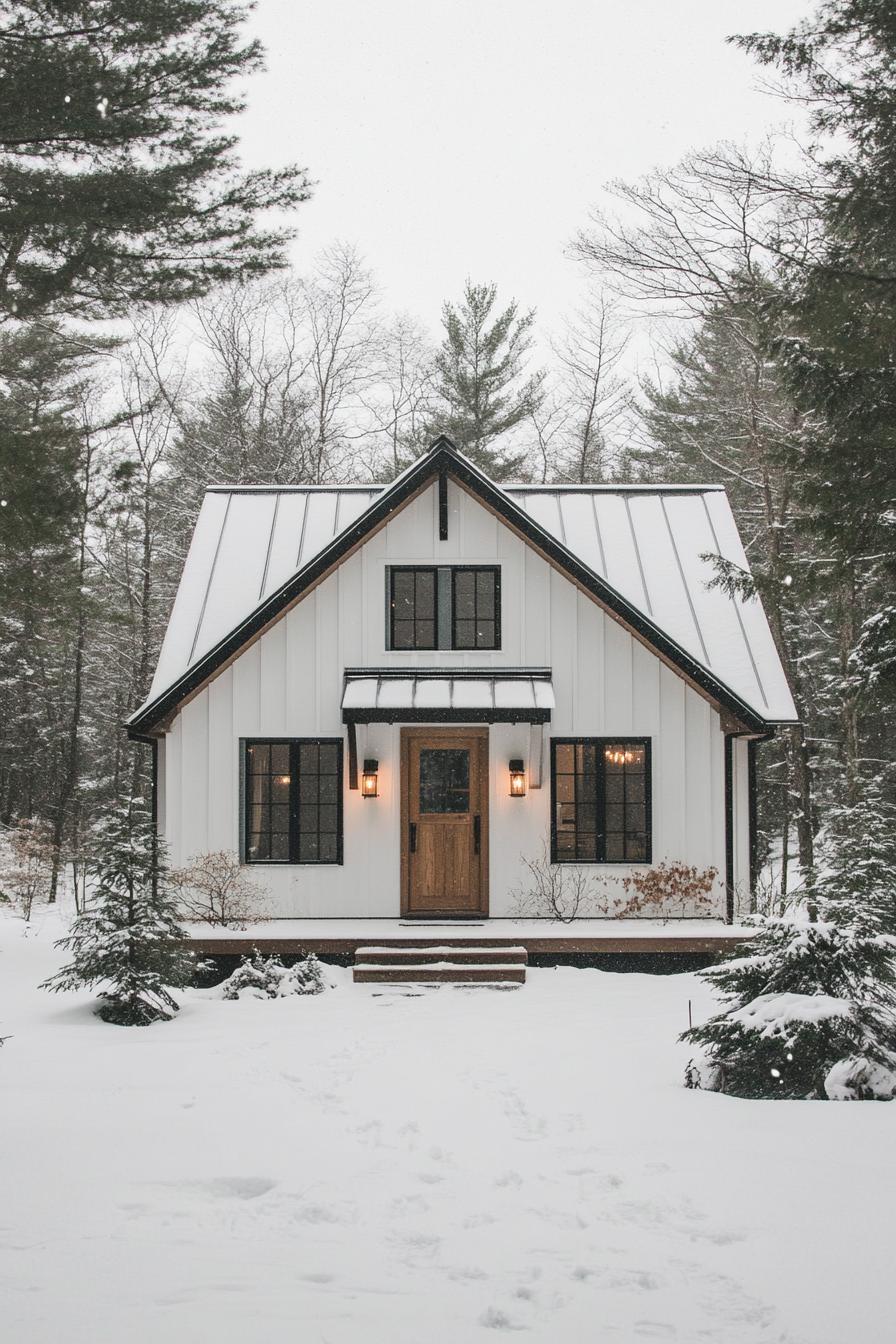 A small, snow-covered cottage in a forest setting