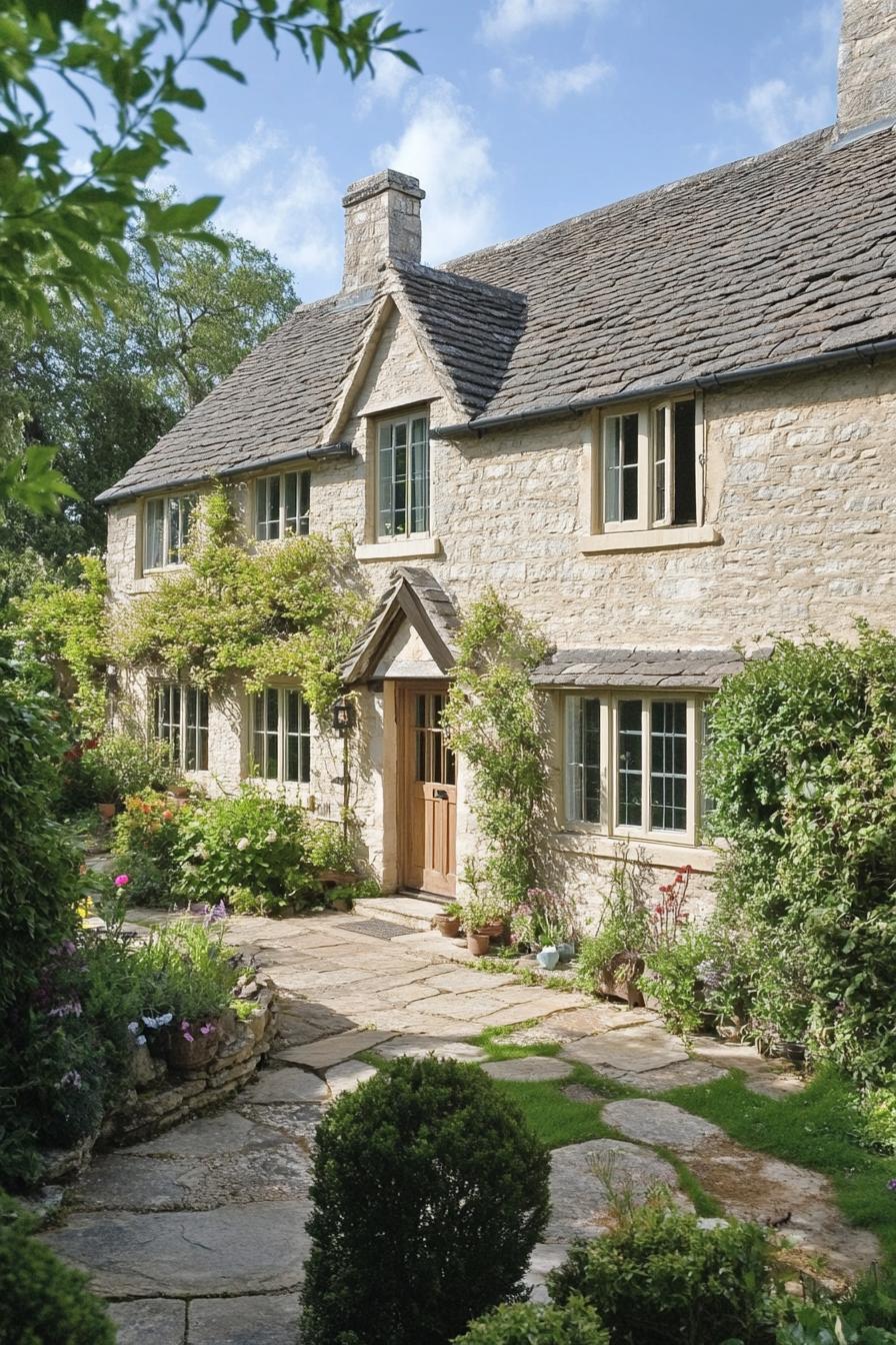 Charming stone cottage with lush greenery