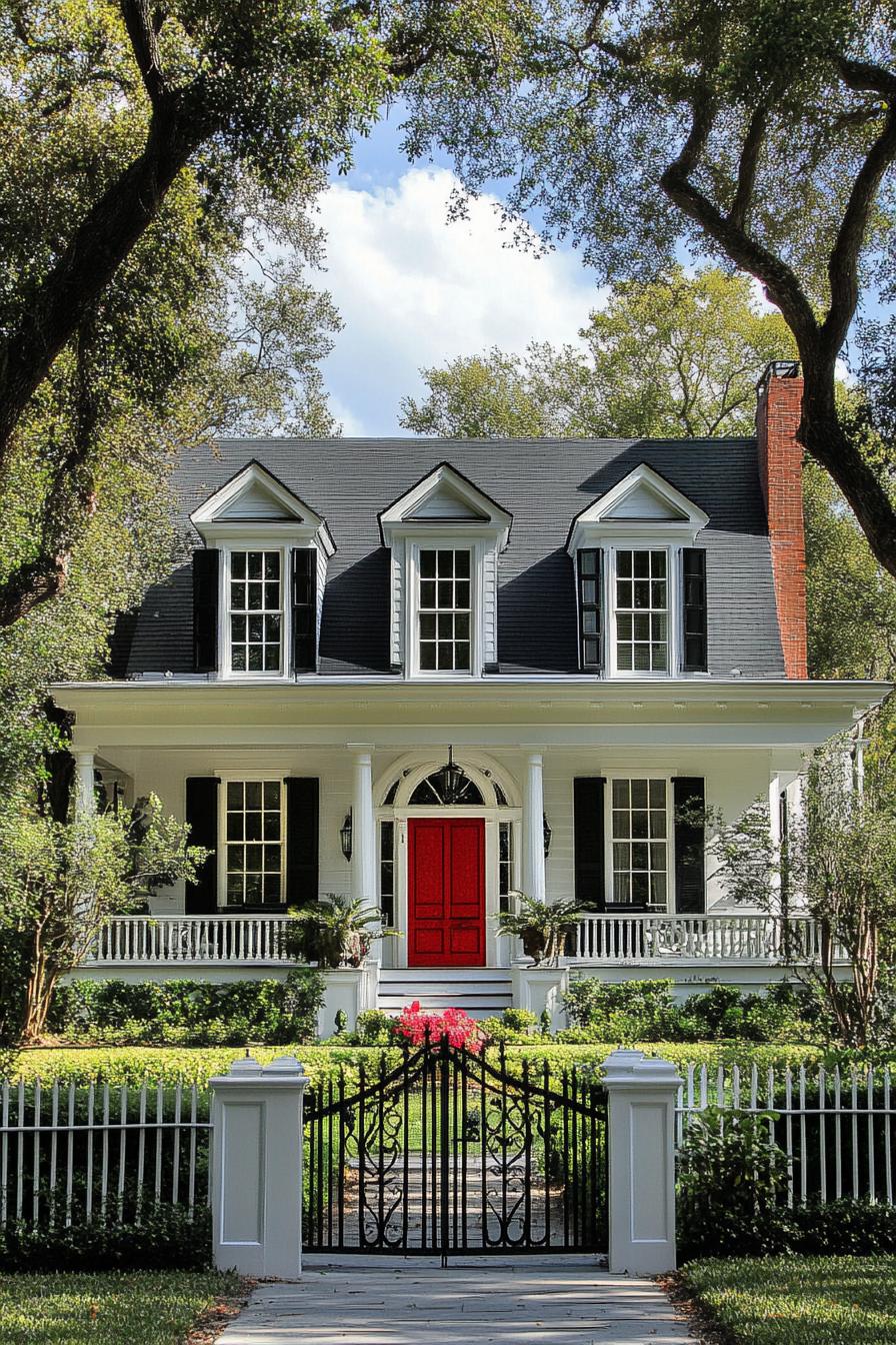 Charming Southern home with black shutters and a striking red door