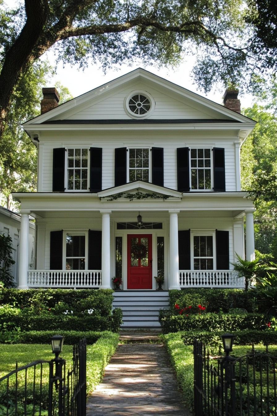 Classic Southern house with red door and black shutters