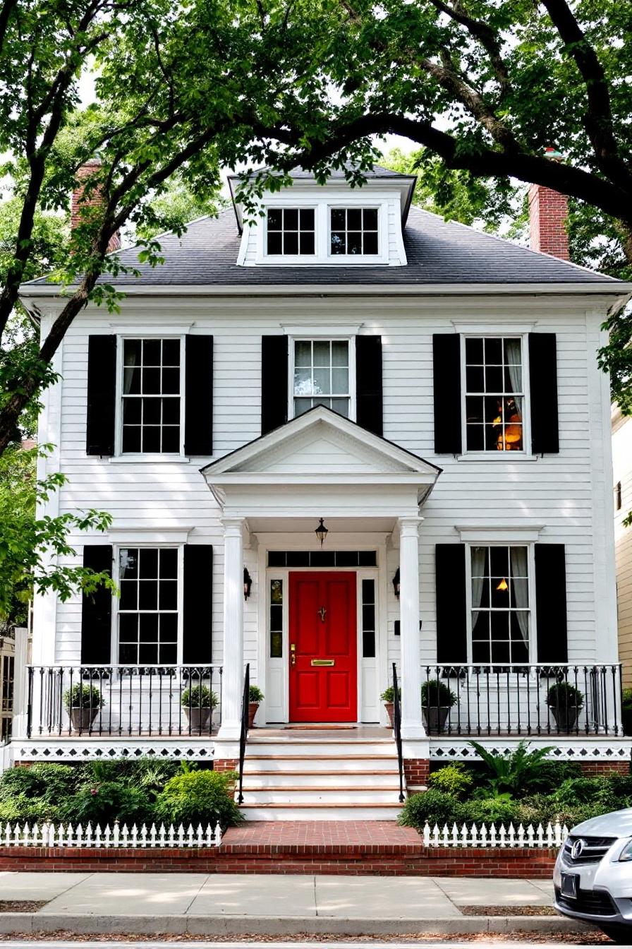 White house with black shutters and a bright red door