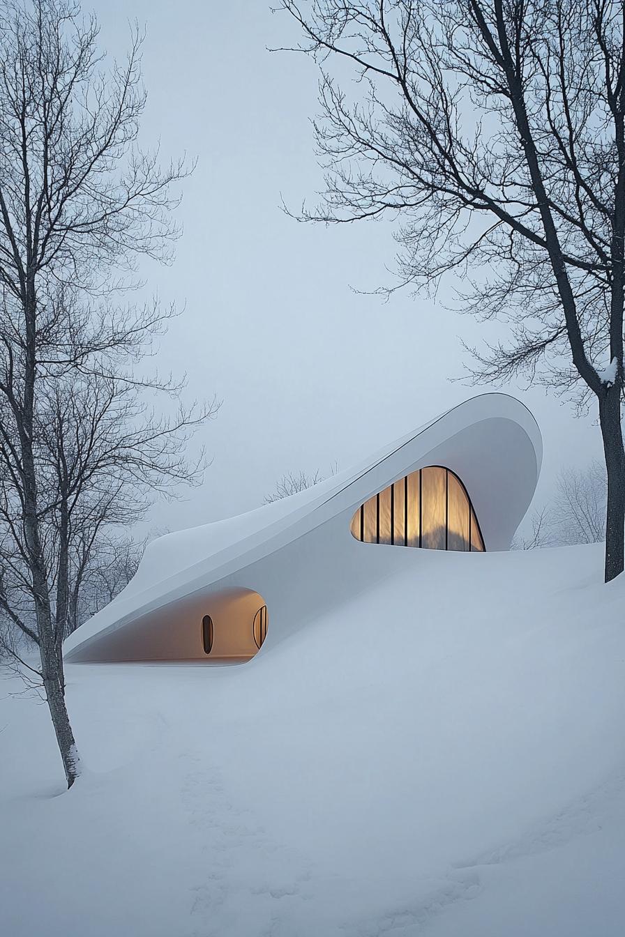 Futuristic house blending with a snowy landscape