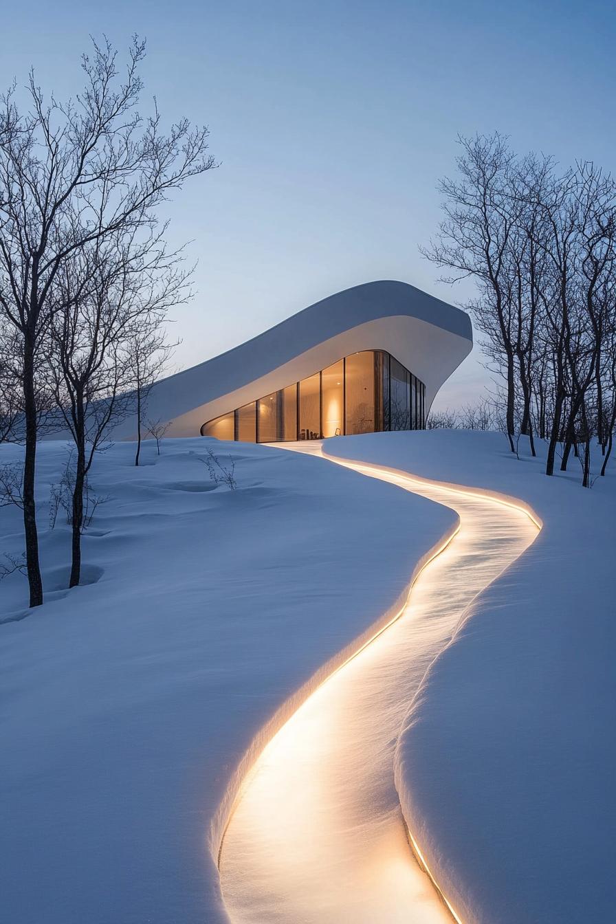 Futuristic house with a glowing, snowy pathway