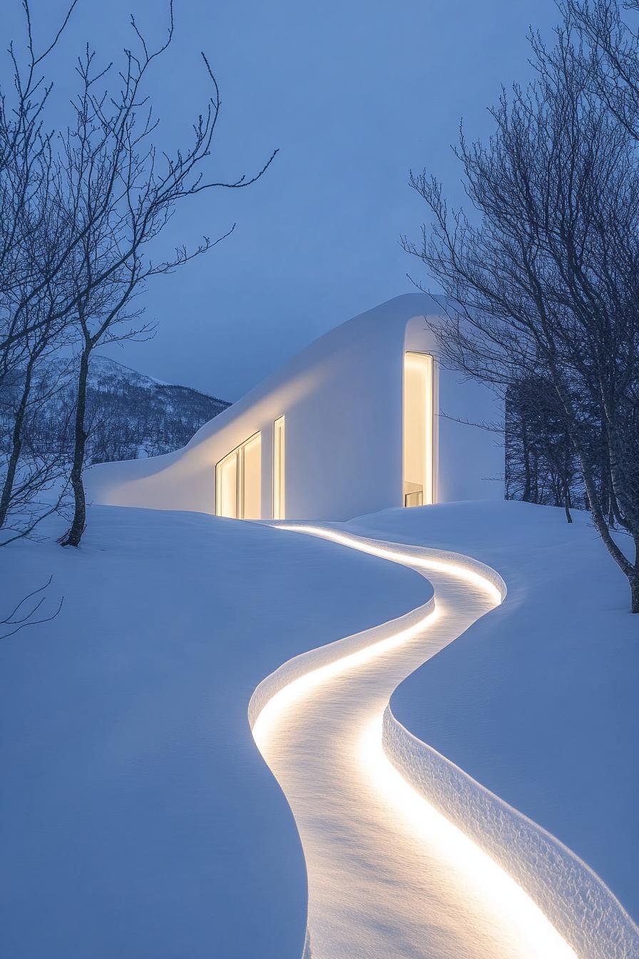 Modern house nestled in snowy landscape with a glowing path