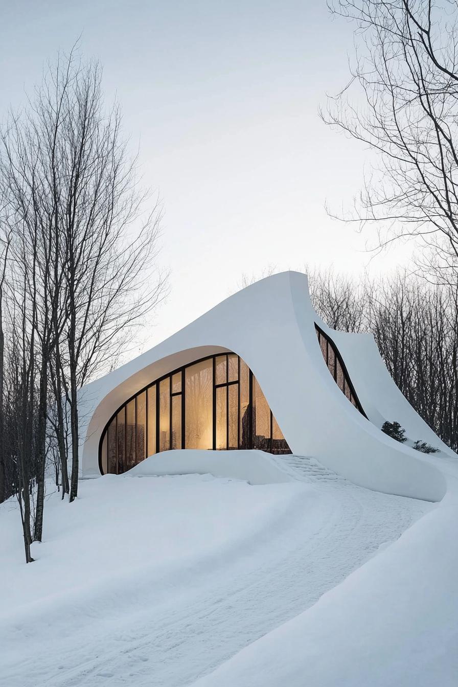 Futuristic white house in snowy forest setting