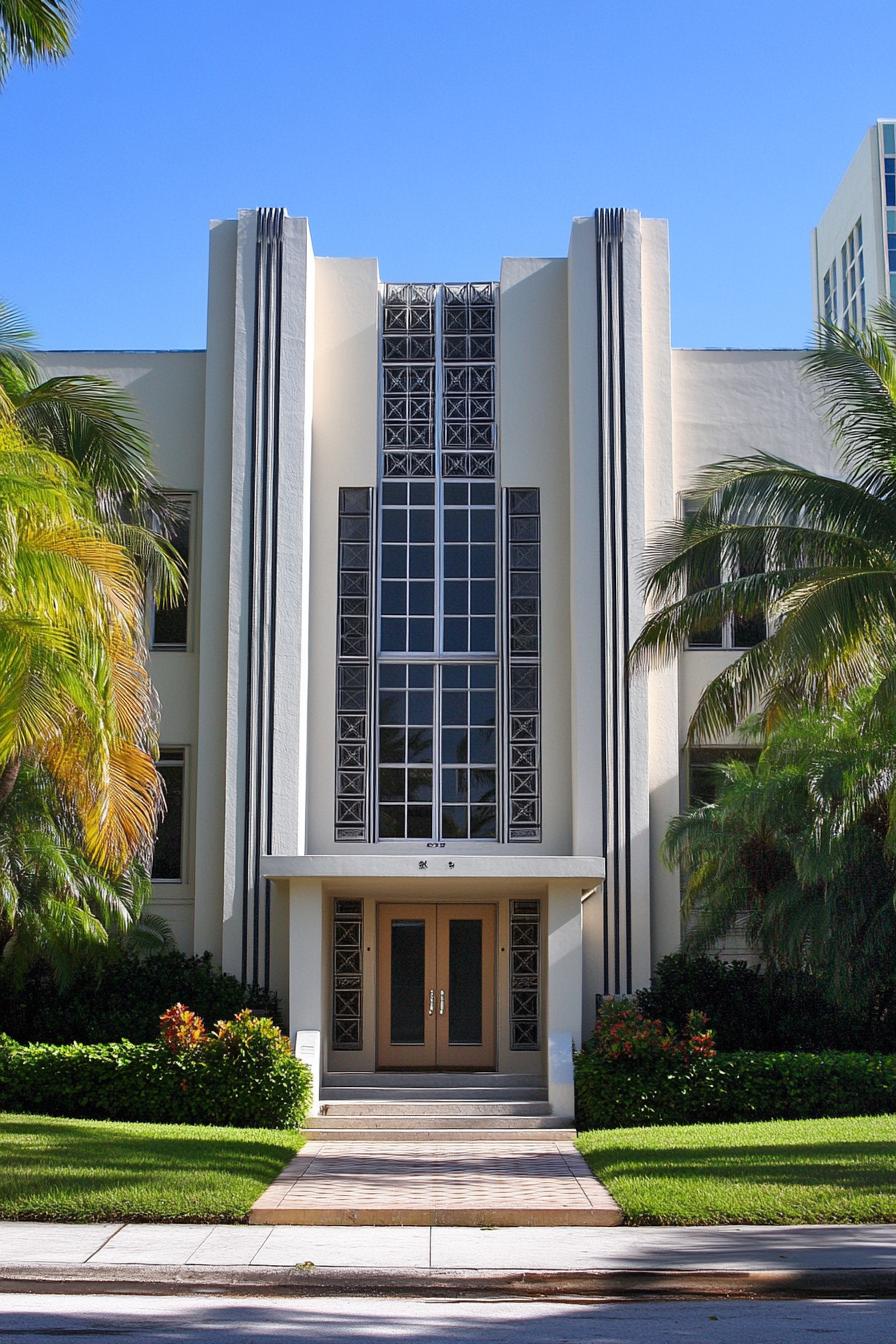 Tall geometric Art Deco entrance with palm trees