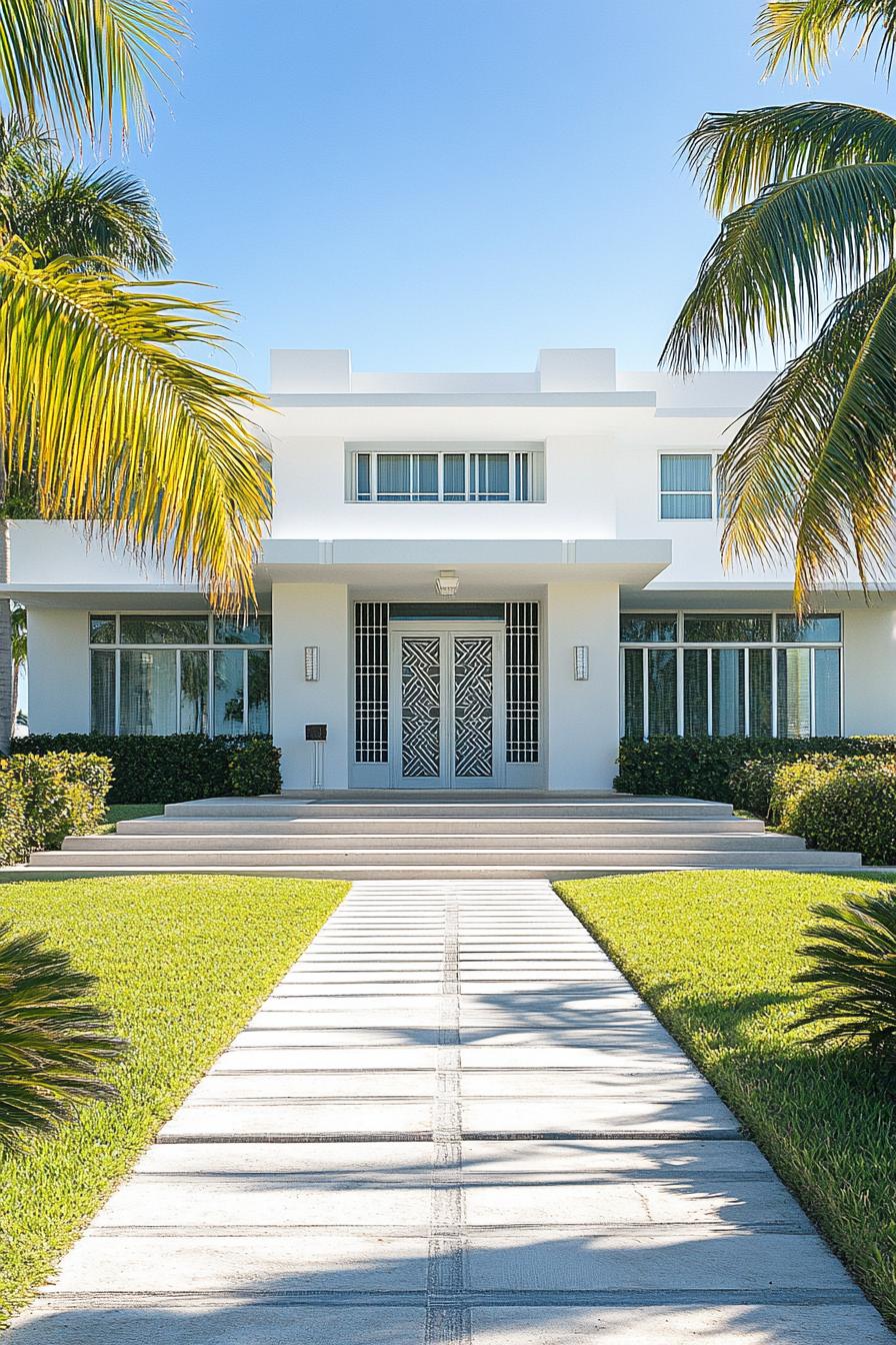 Art Deco home surrounded by palm trees and bright sky