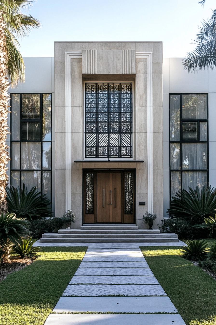 Art Deco facade with geometrically patterned door and windows