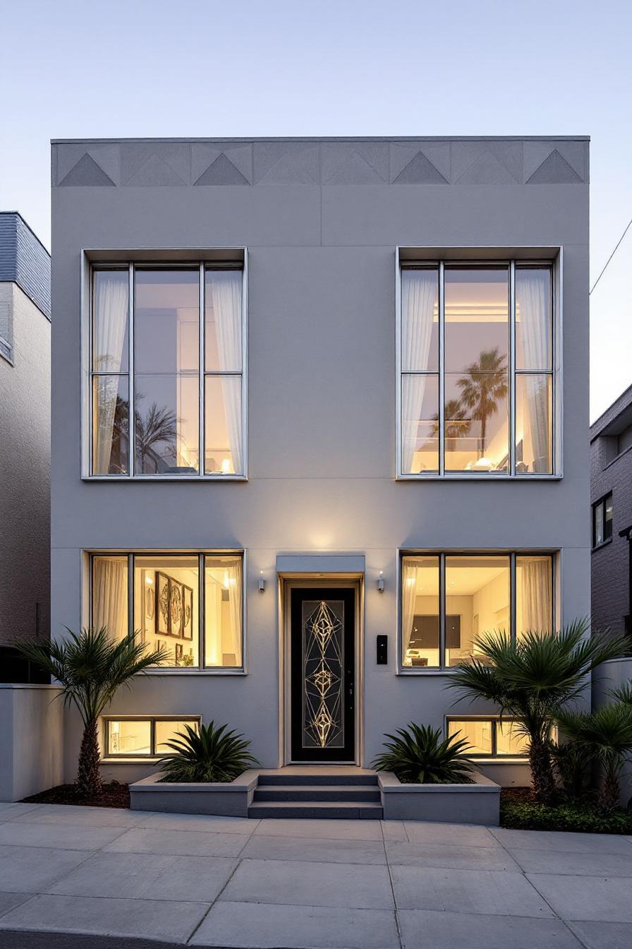 Modern Art Deco house with large windows and decorative entrance