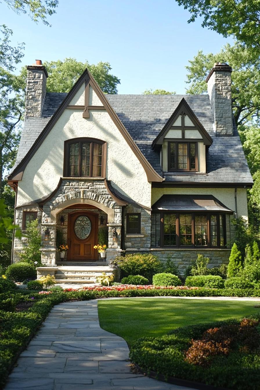 A charming Tudor cottage surrounded by lush greenery