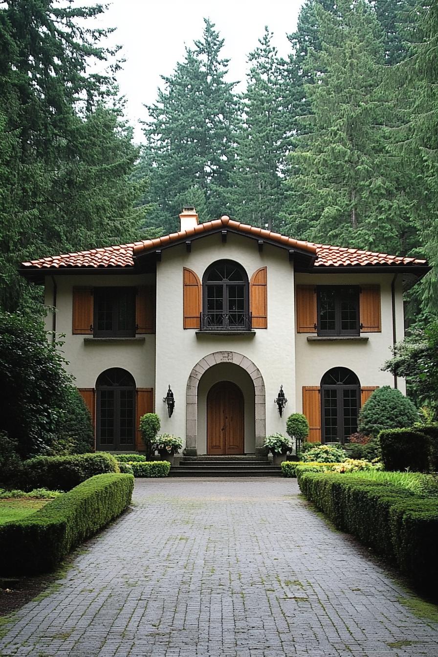 Italian villa with terracotta roof surrounded by lush greenery