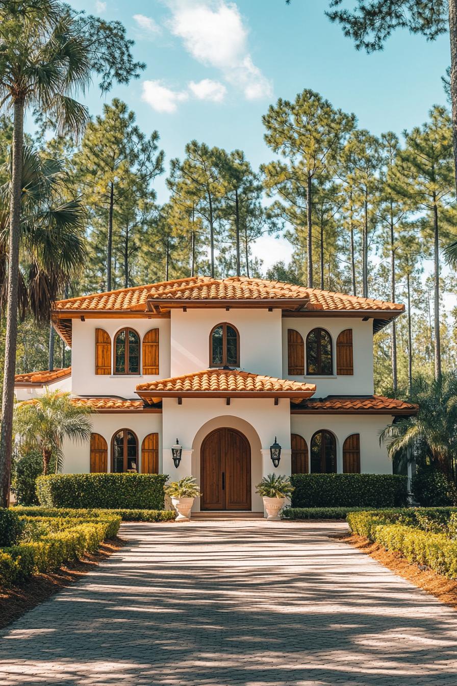 Italian villa with terracotta roof amidst tall trees