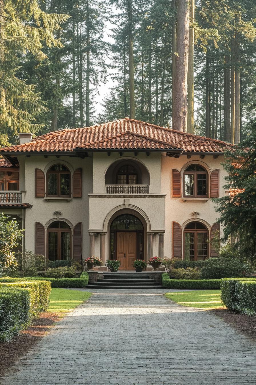 Italian villa surrounded by towering pine trees