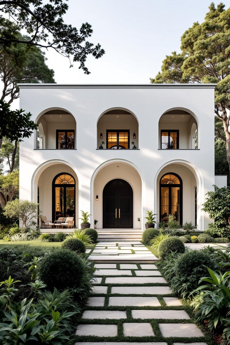 Modern villa facade with arched windows and lush green garden