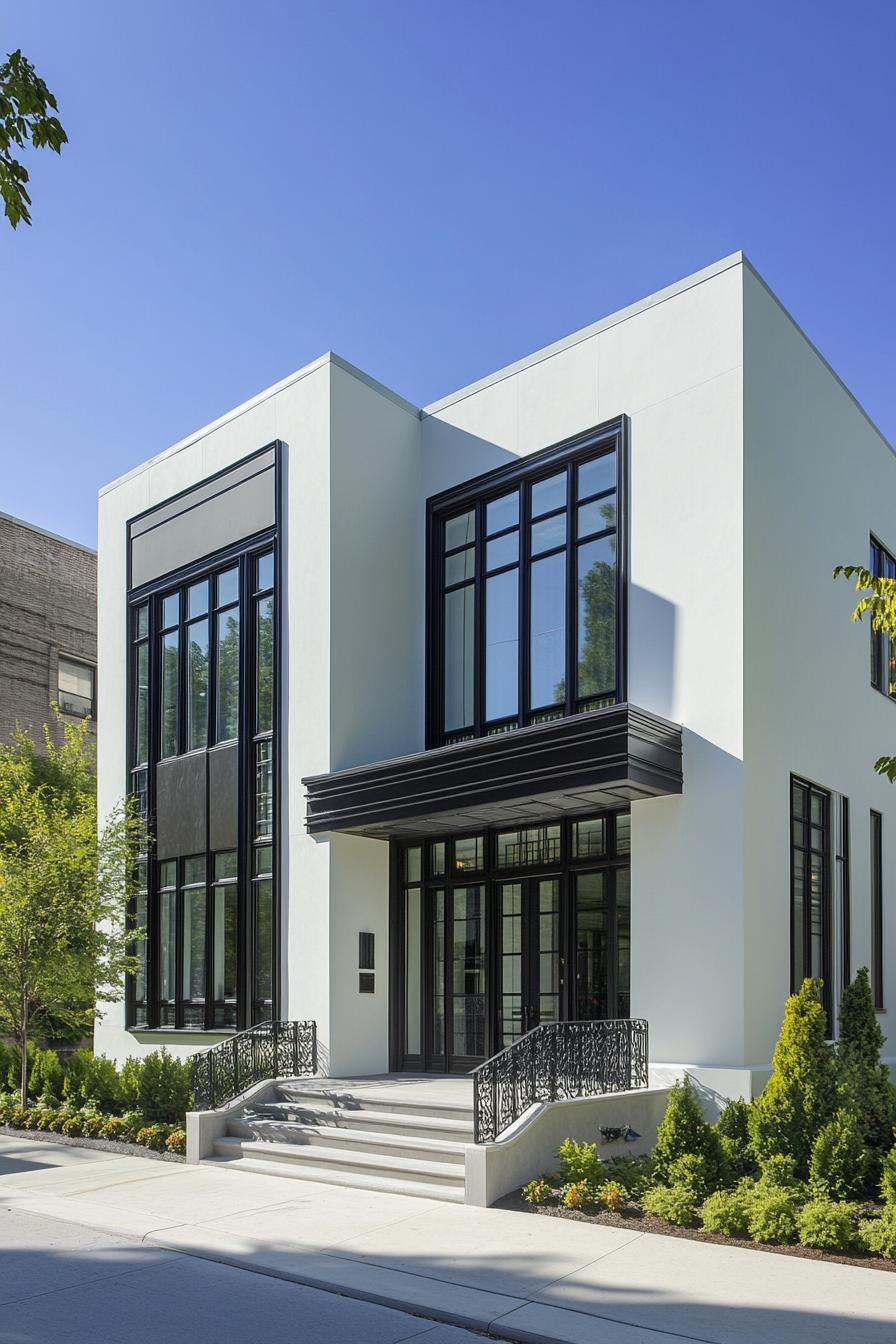 Modern Art Deco house with large black-framed windows and minimalistic design