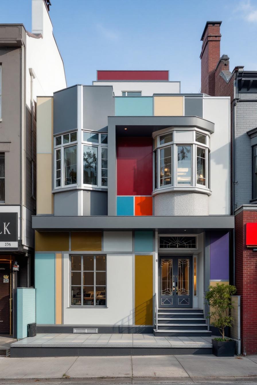 Colorful Art Deco house facade with a bow window