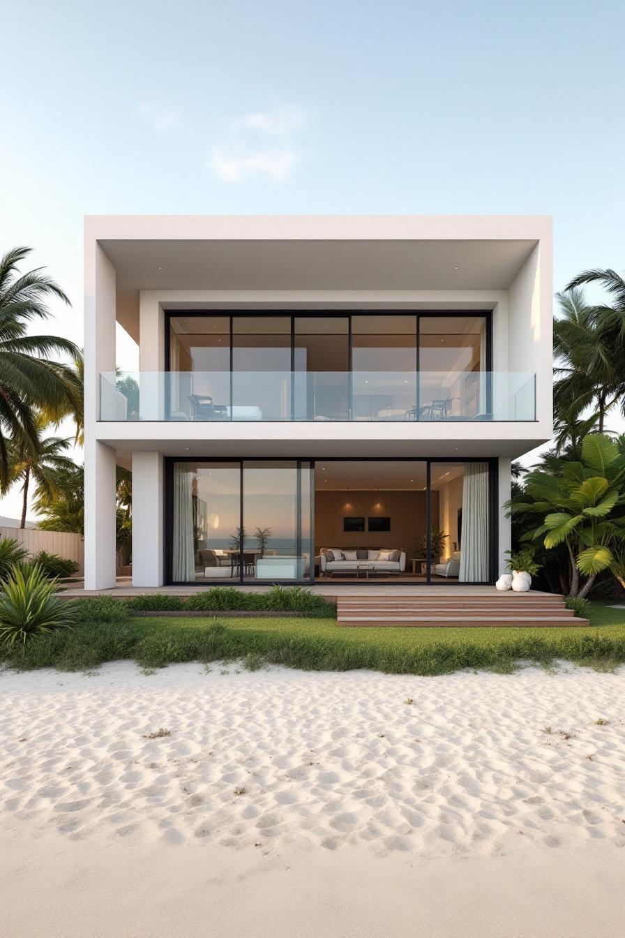 Modern beachfront home with large windows and lush greenery