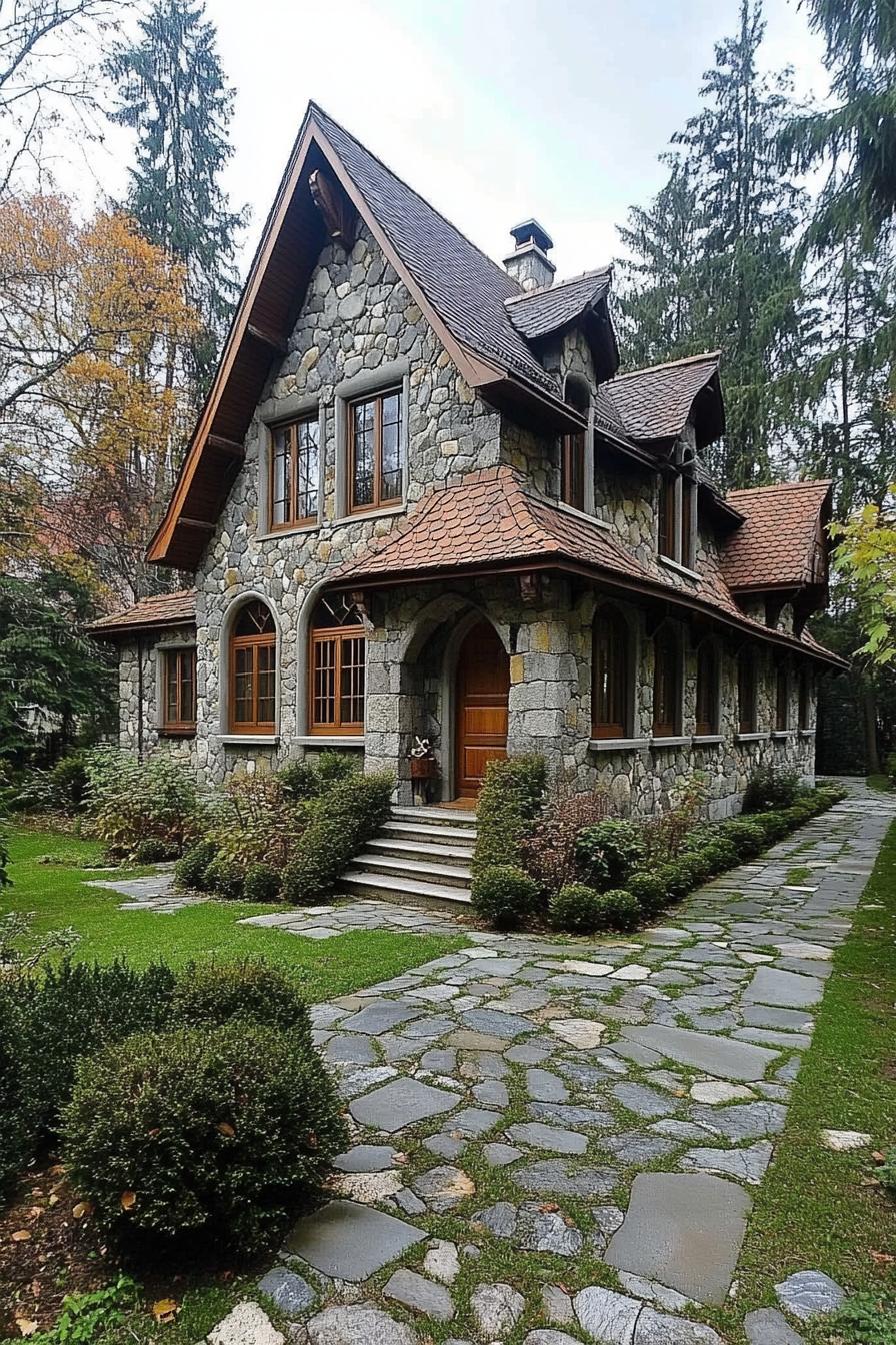 Charming stone cottage with rustic wooden accents and lush garden pathway