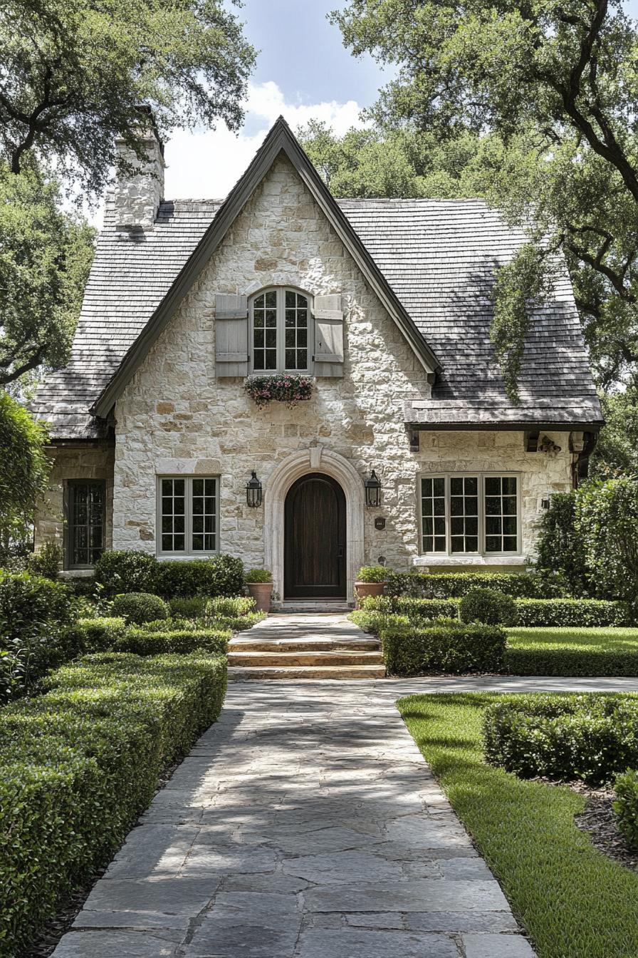 Stone cottage with lush greenery