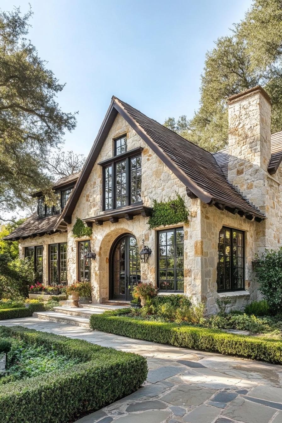 Stone cottage with lush garden and large windows