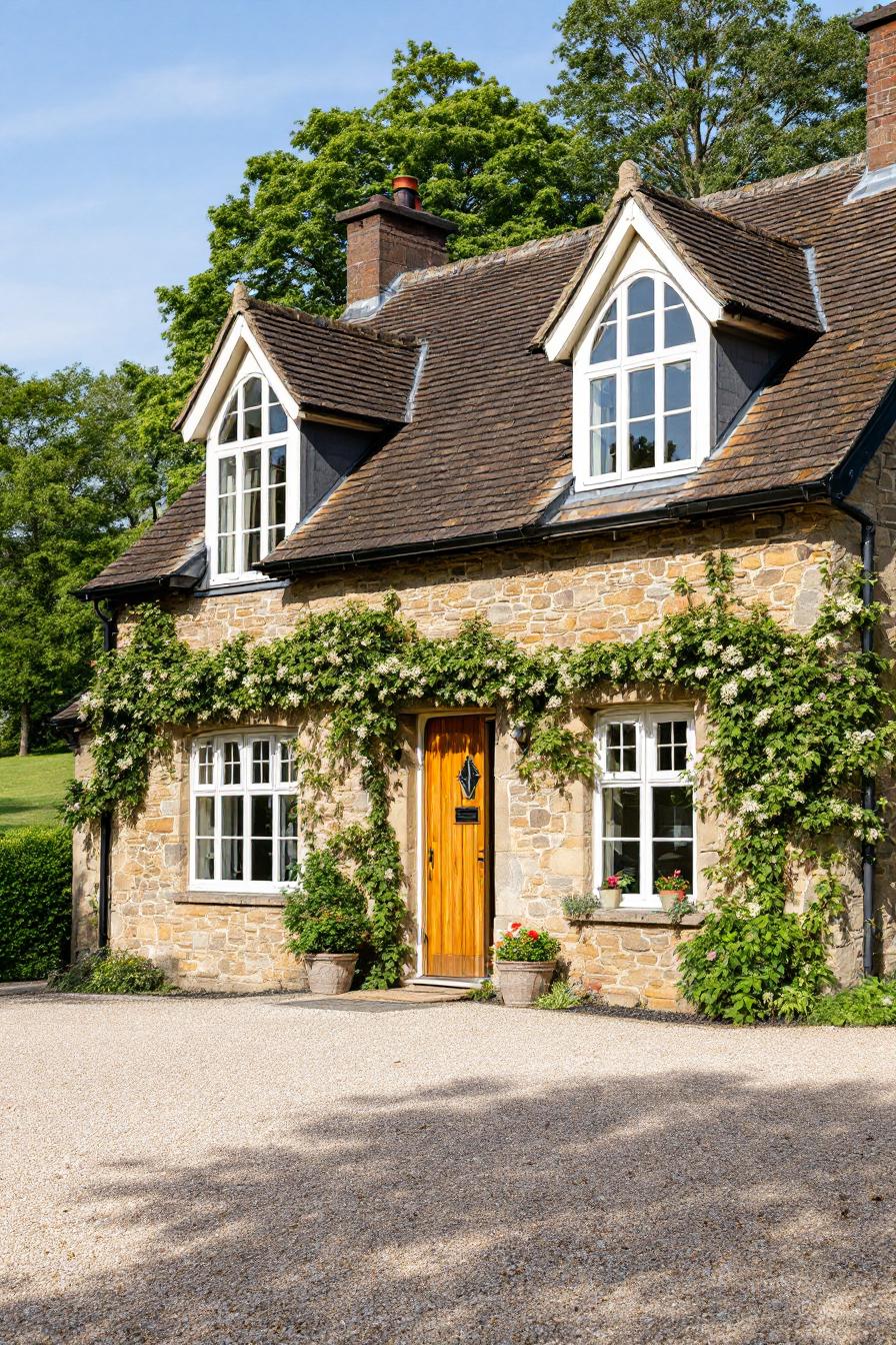 Stone cottage with climbing plants