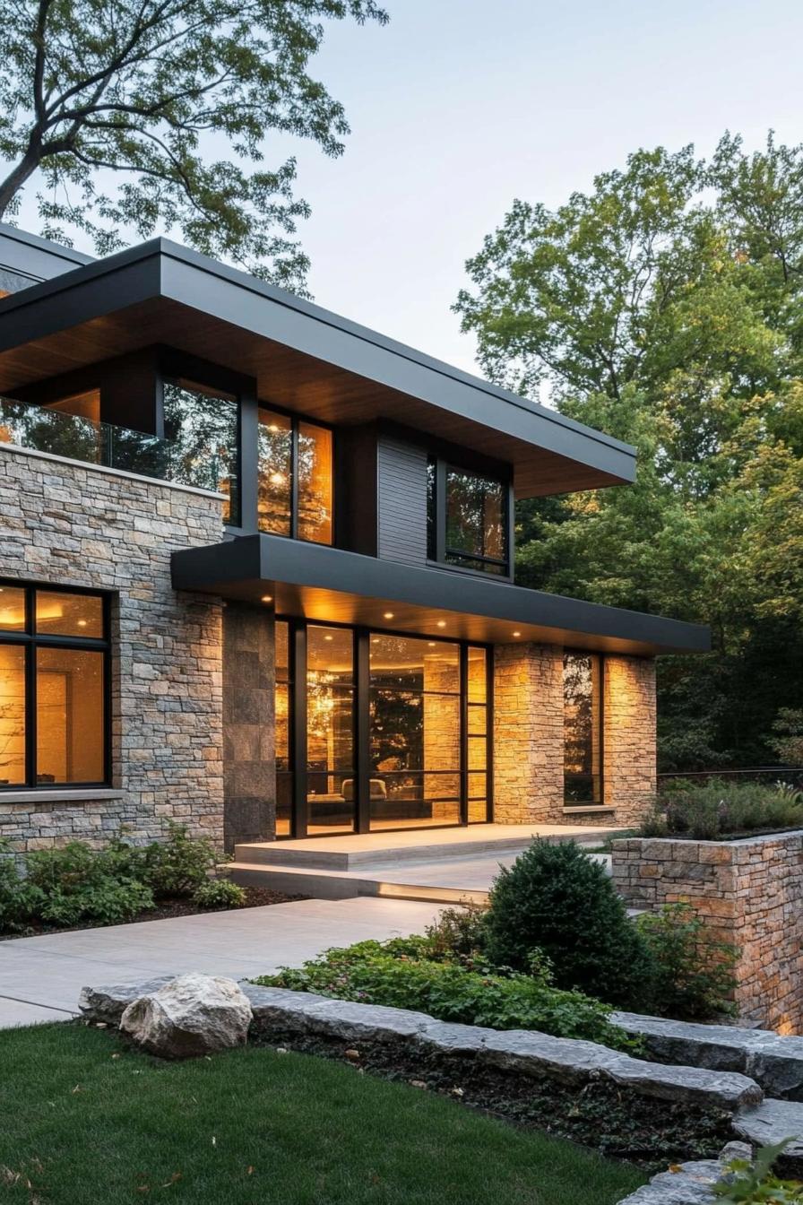 Contemporary stone house with large windows and lush greenery