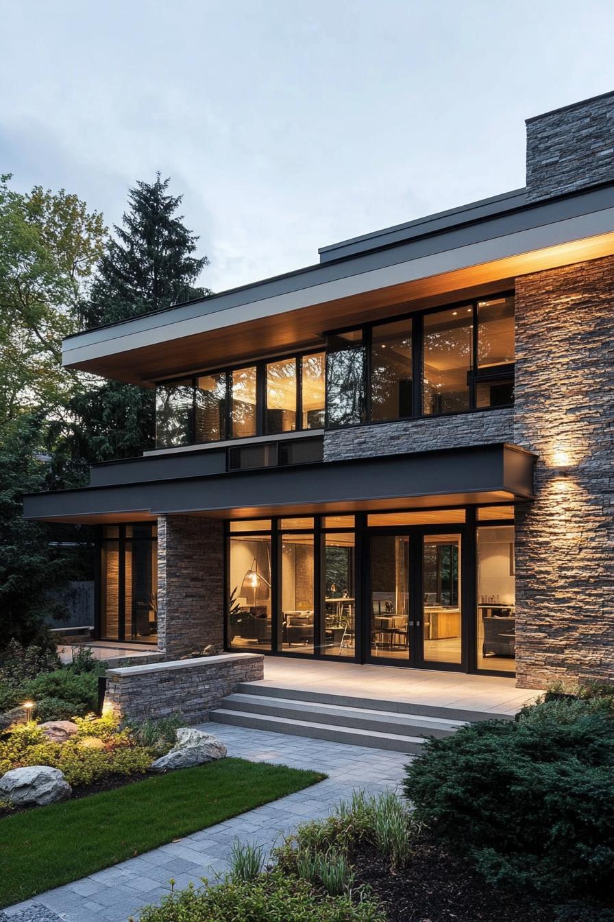 Modern house with large windows and stone facade at dusk