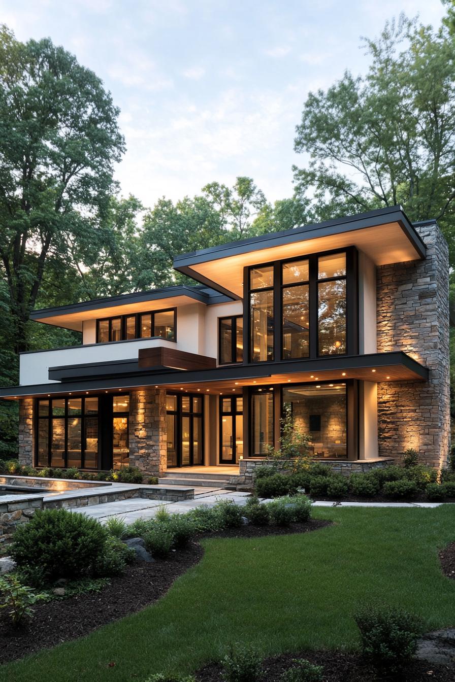 Contemporary house with large windows and stone accents in a wooded setting