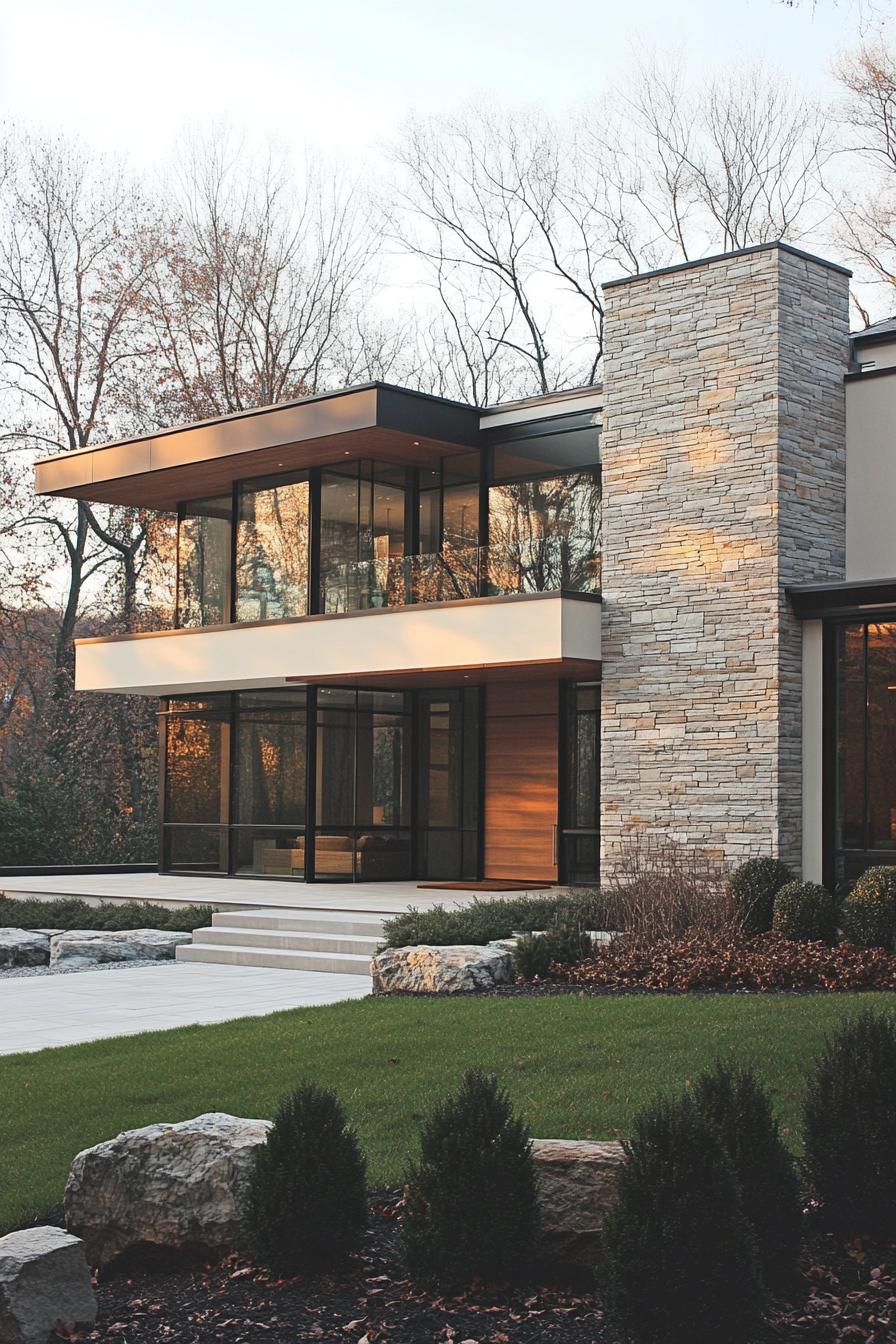 Modern house with large windows and stone chimney