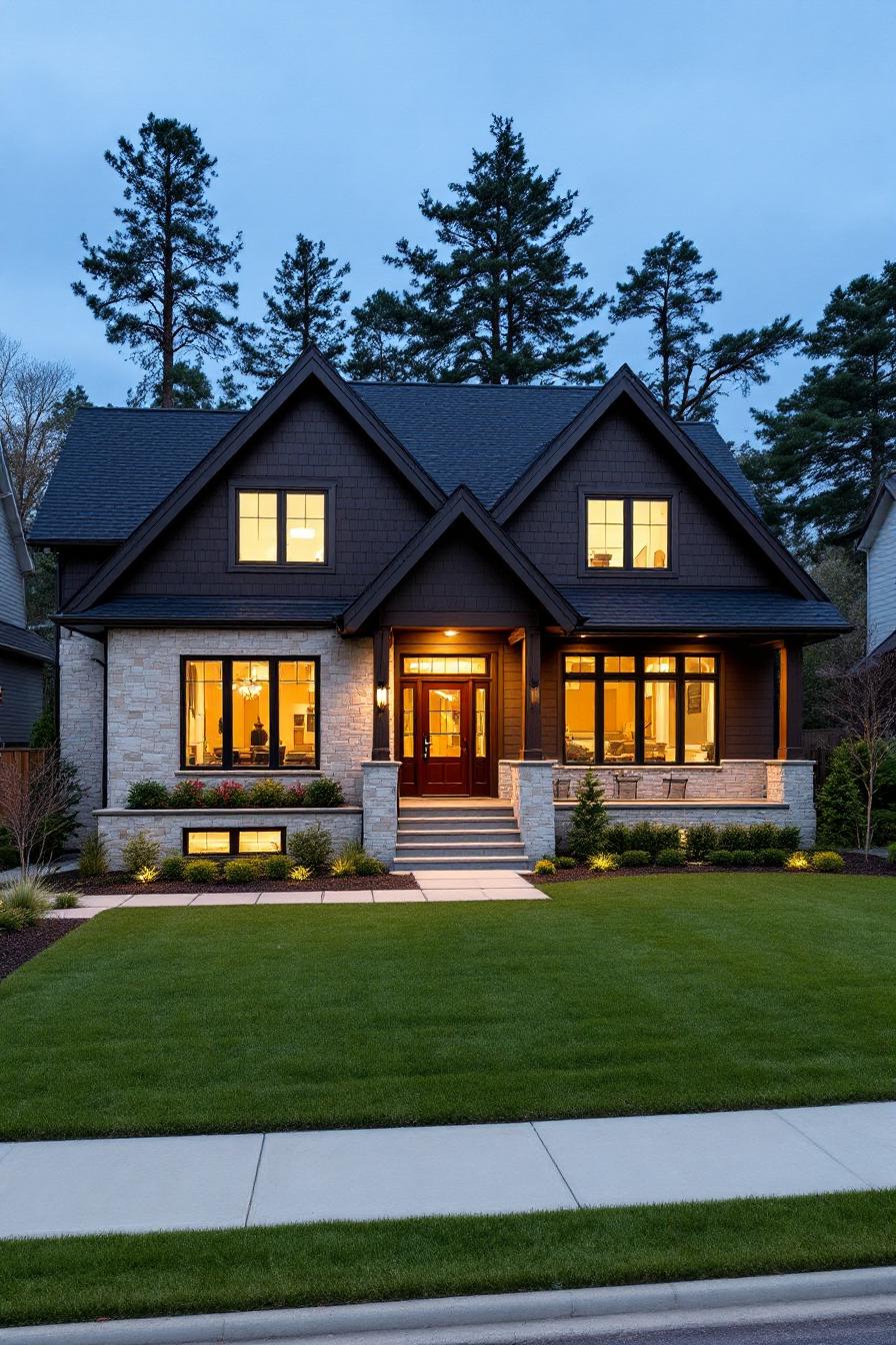 Charming house with glowing windows at dusk