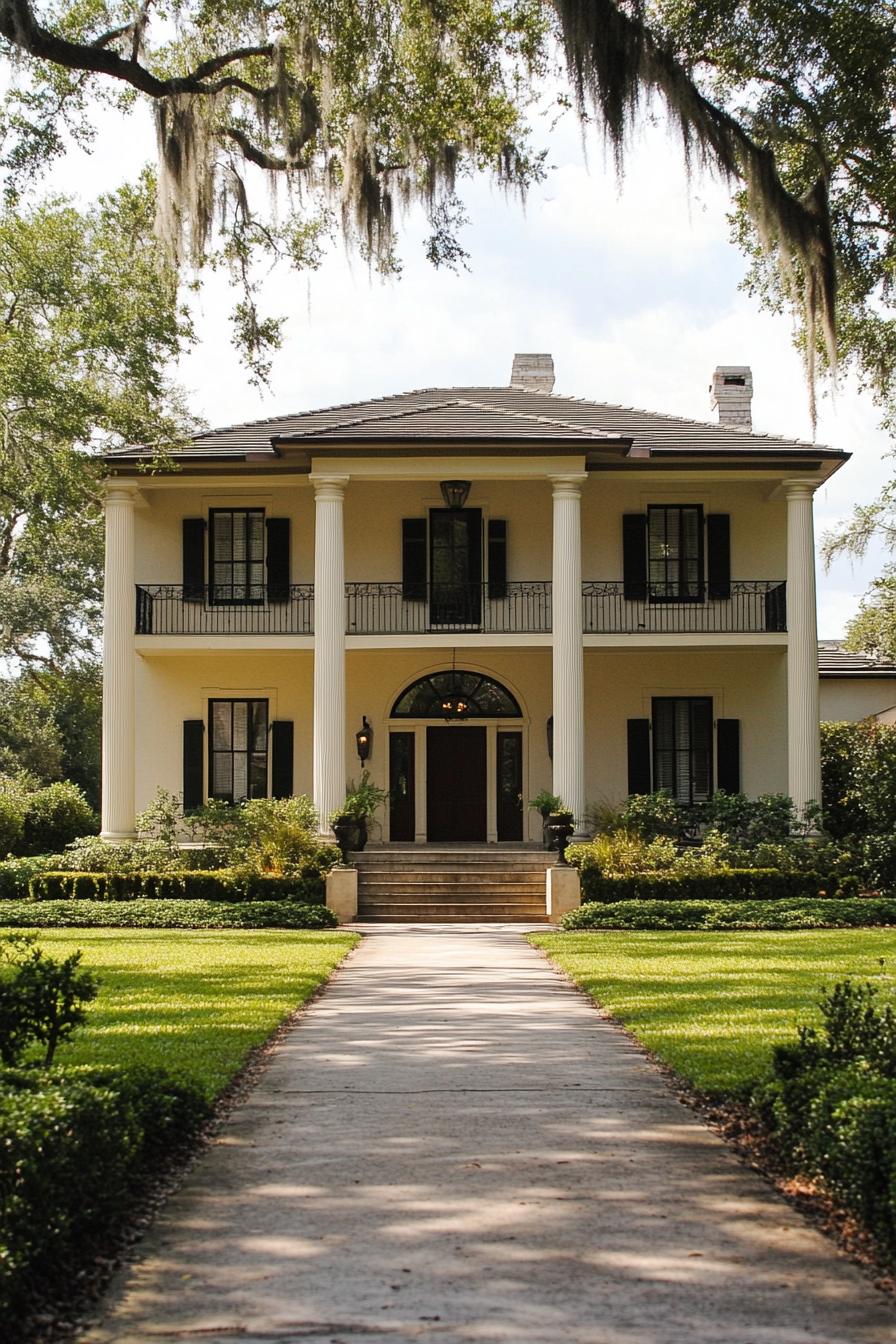 Southern home with large white pillars surrounded by lush greenery