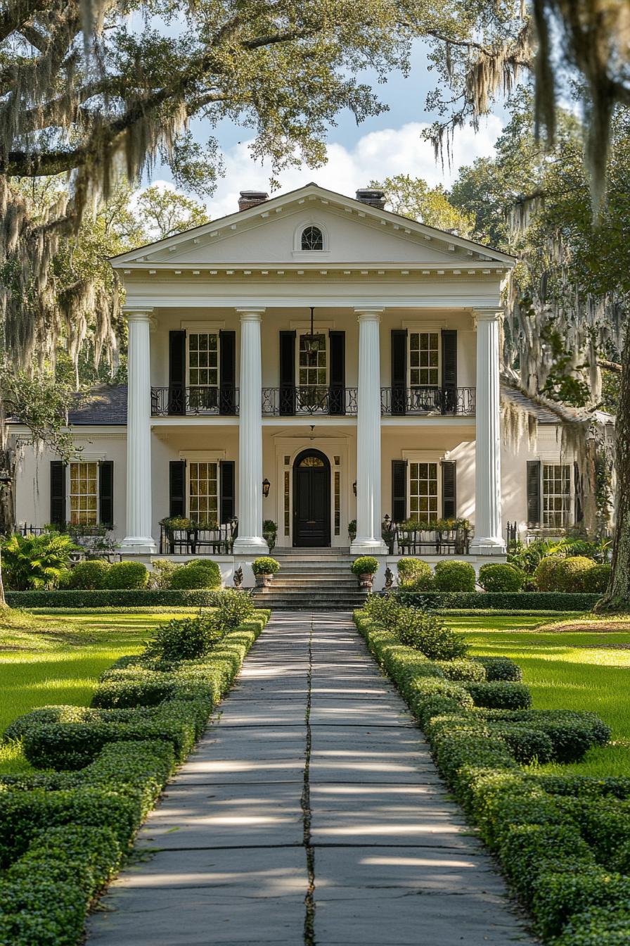 A grand Southern home with towering columns and manicured hedges