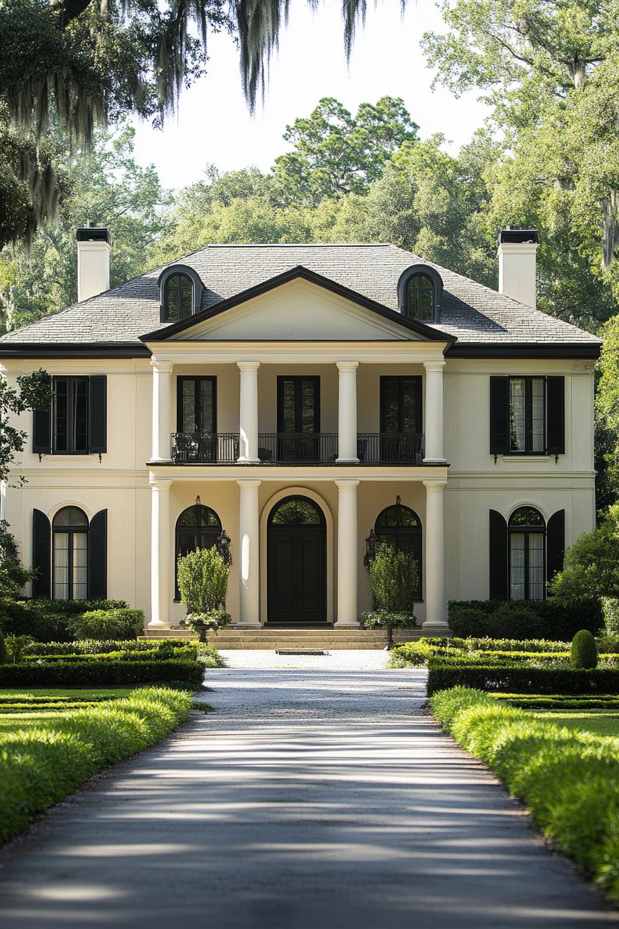 Elegant Southern-style house with tall white columns and dark shutters