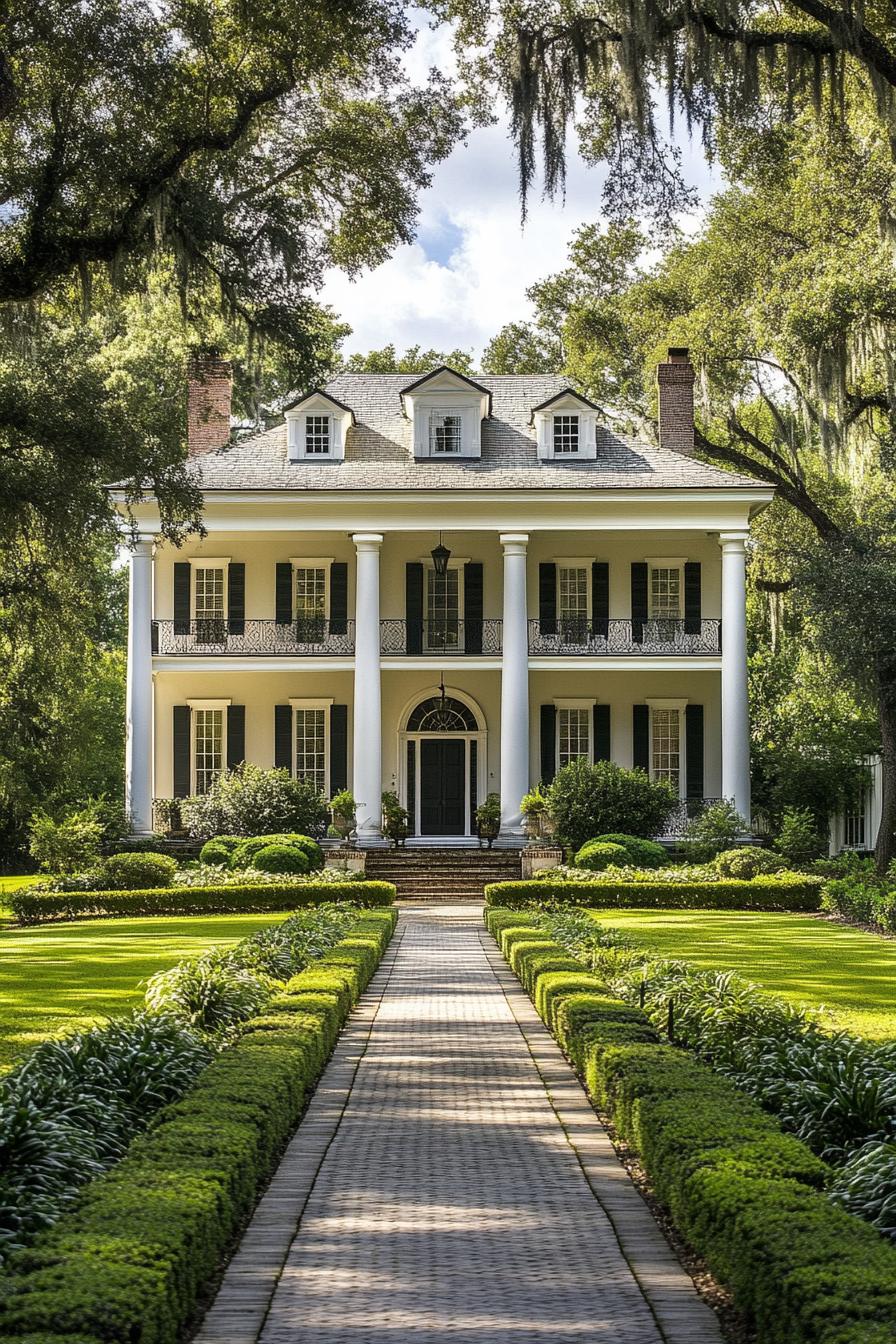 Grand Southern home with tall white pillars and lush greenery