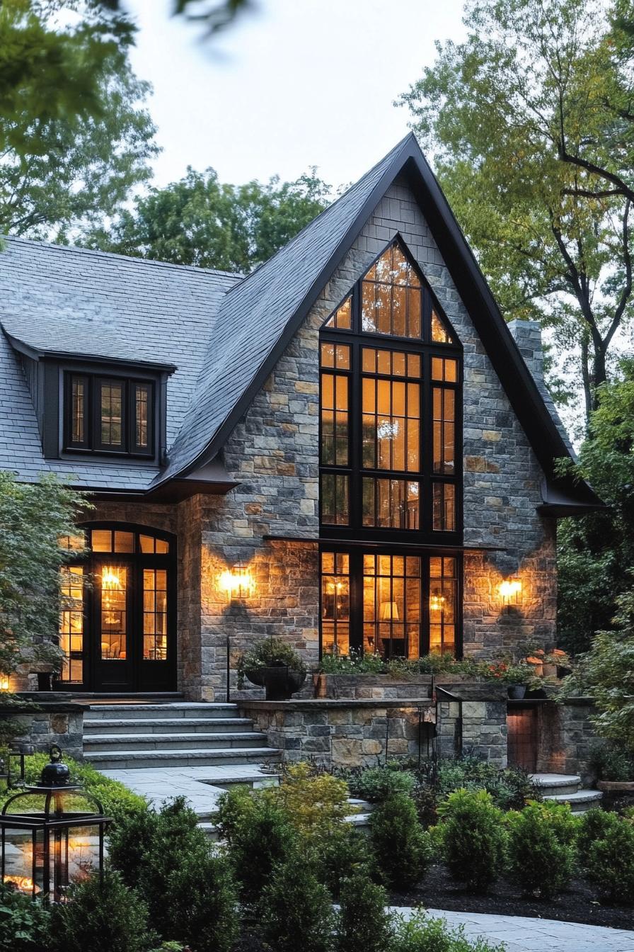 Cozy stone cottage with large windows surrounded by greenery