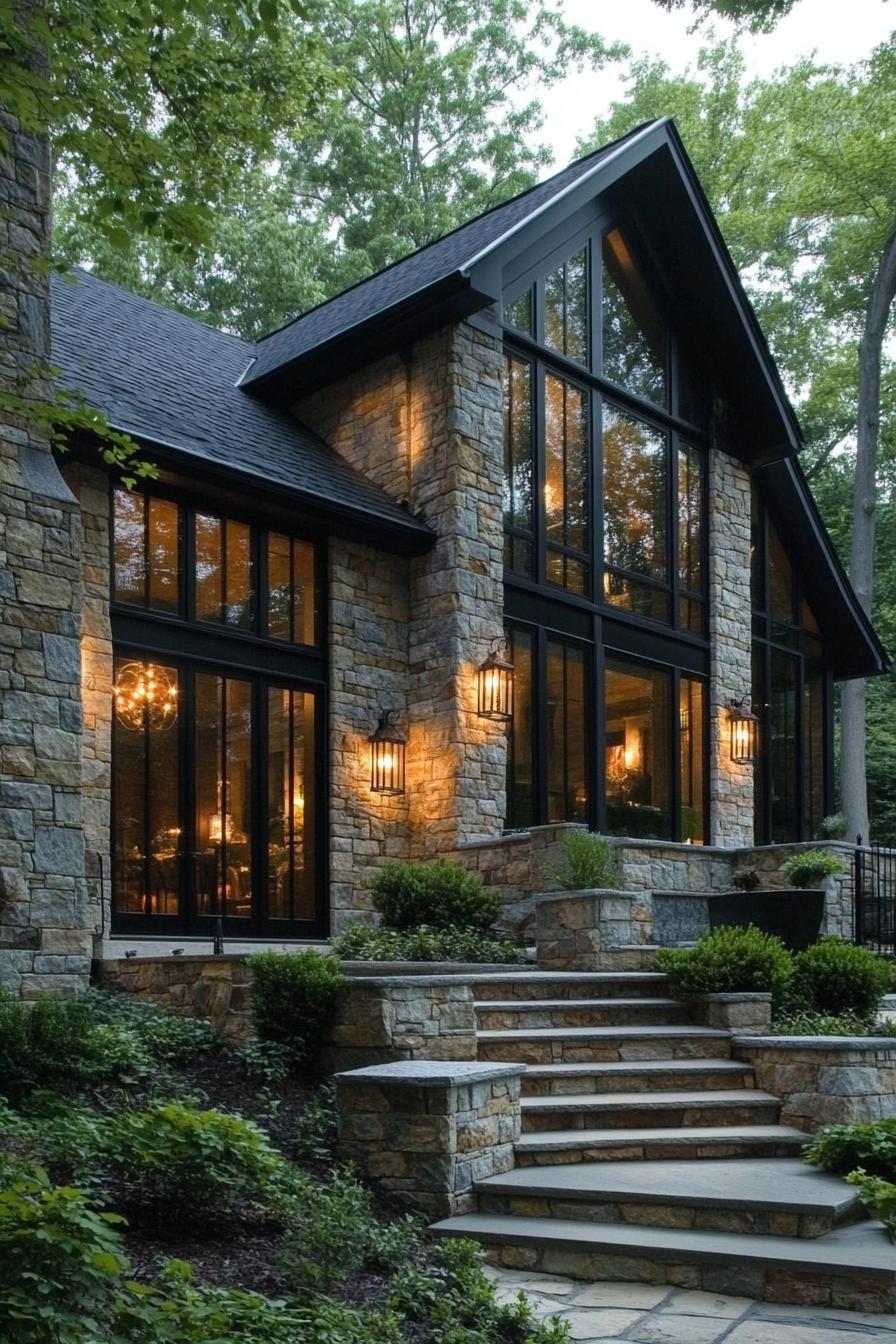 Stone cottage with large windows amid trees