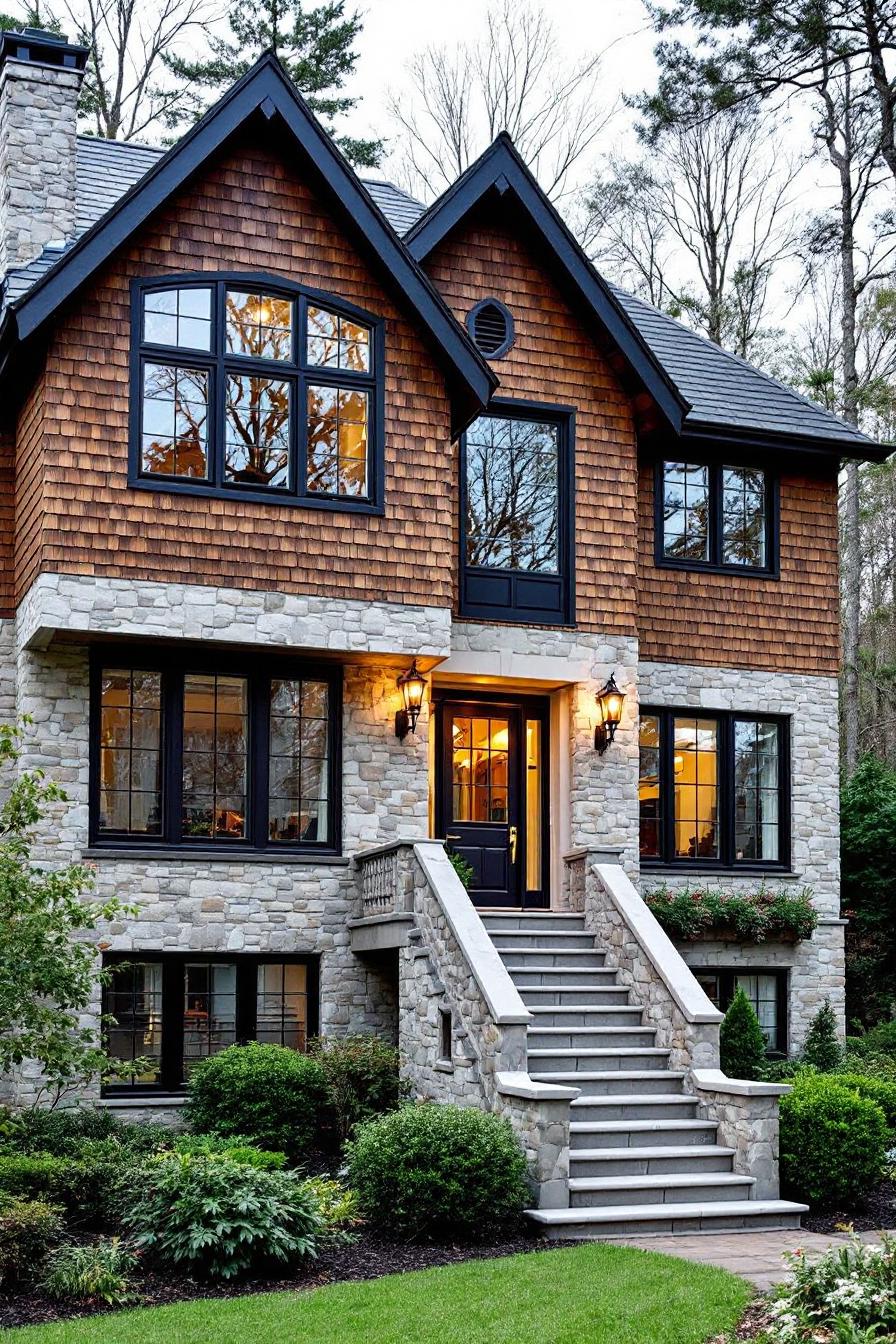 Stone cottage facade with large windows and lush greenery