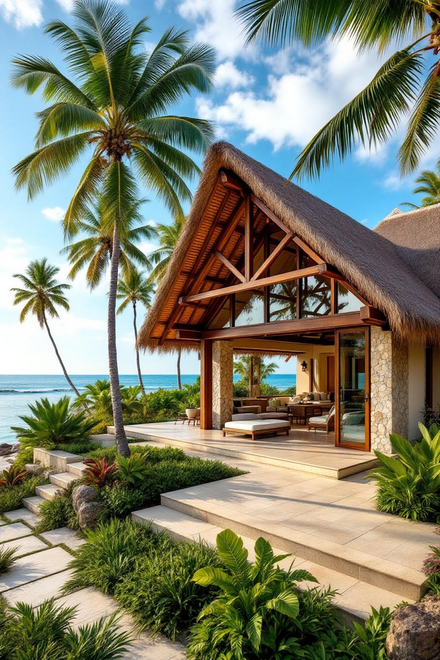 Tropical house with a thatched roof and ocean backdrop