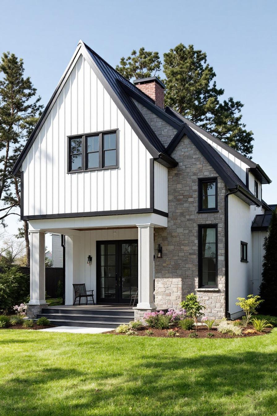 White house with black trim and stone facade