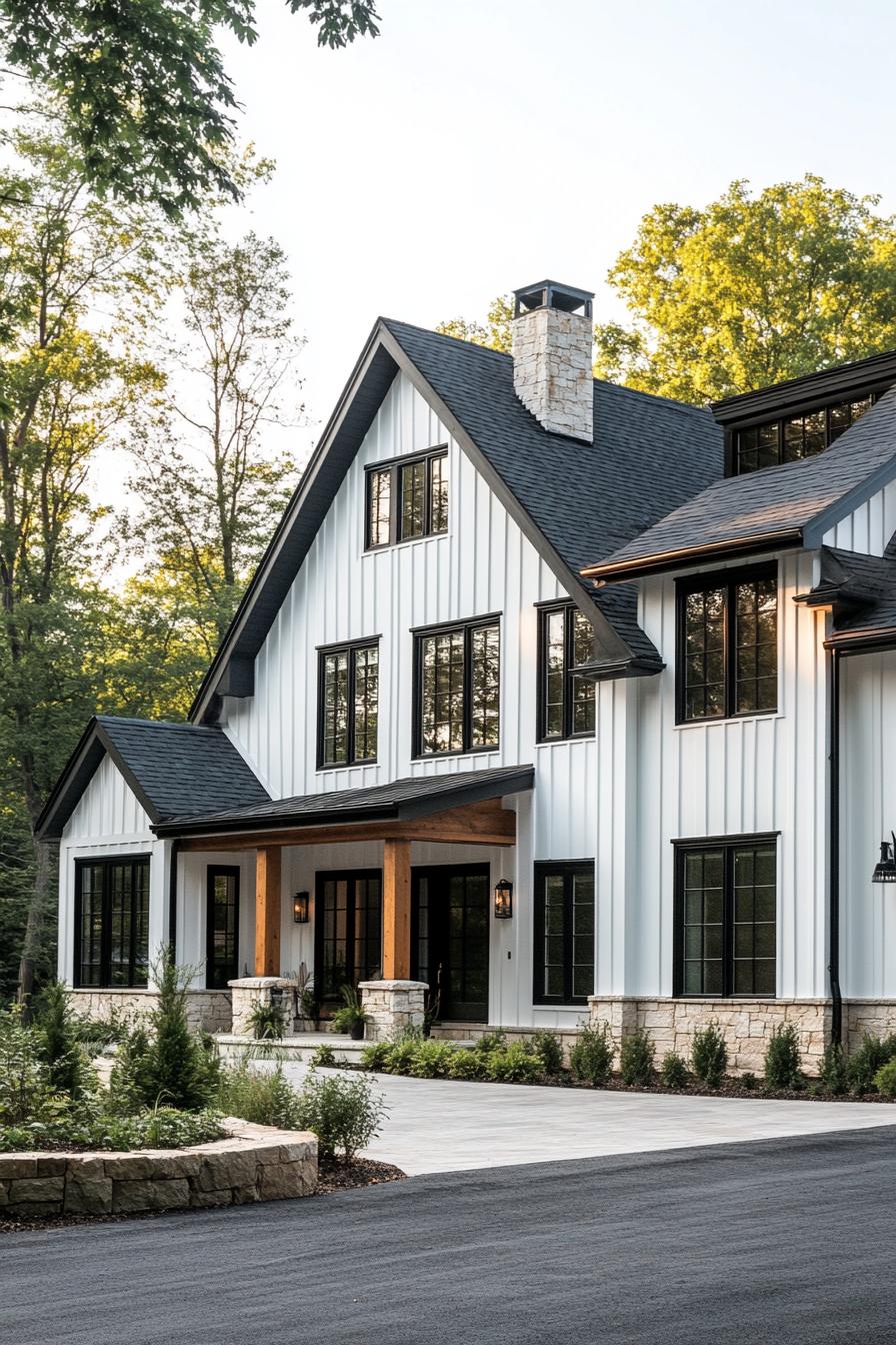 White house with contrasting black trim and roof