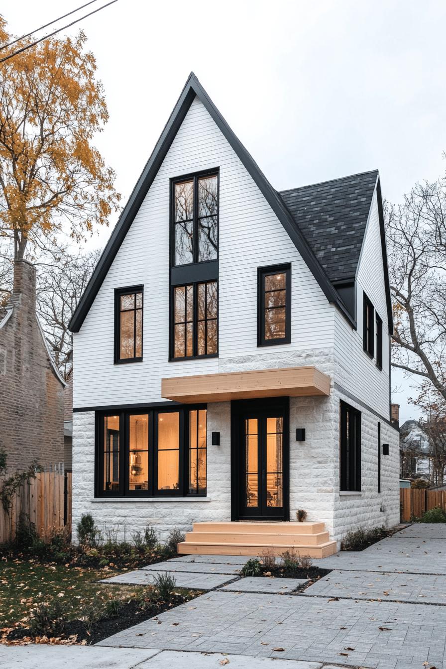 White house with bold black trim, large windows, and peaked roof