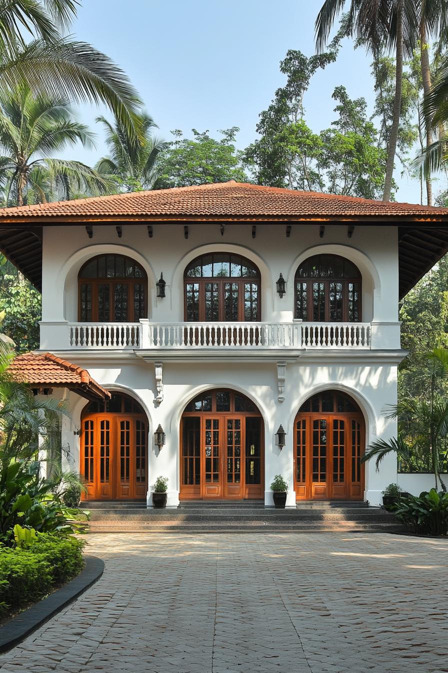 Elegant Kerala home with arched windows and lush greenery