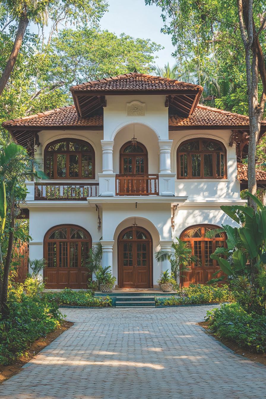 A Kerala house with arches and lush greenery