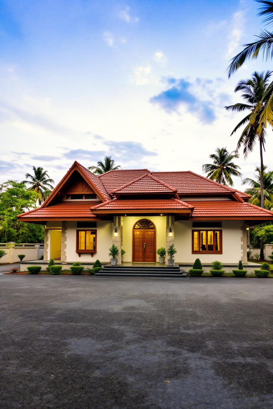 Beautiful traditional Kerala house with lush palm trees