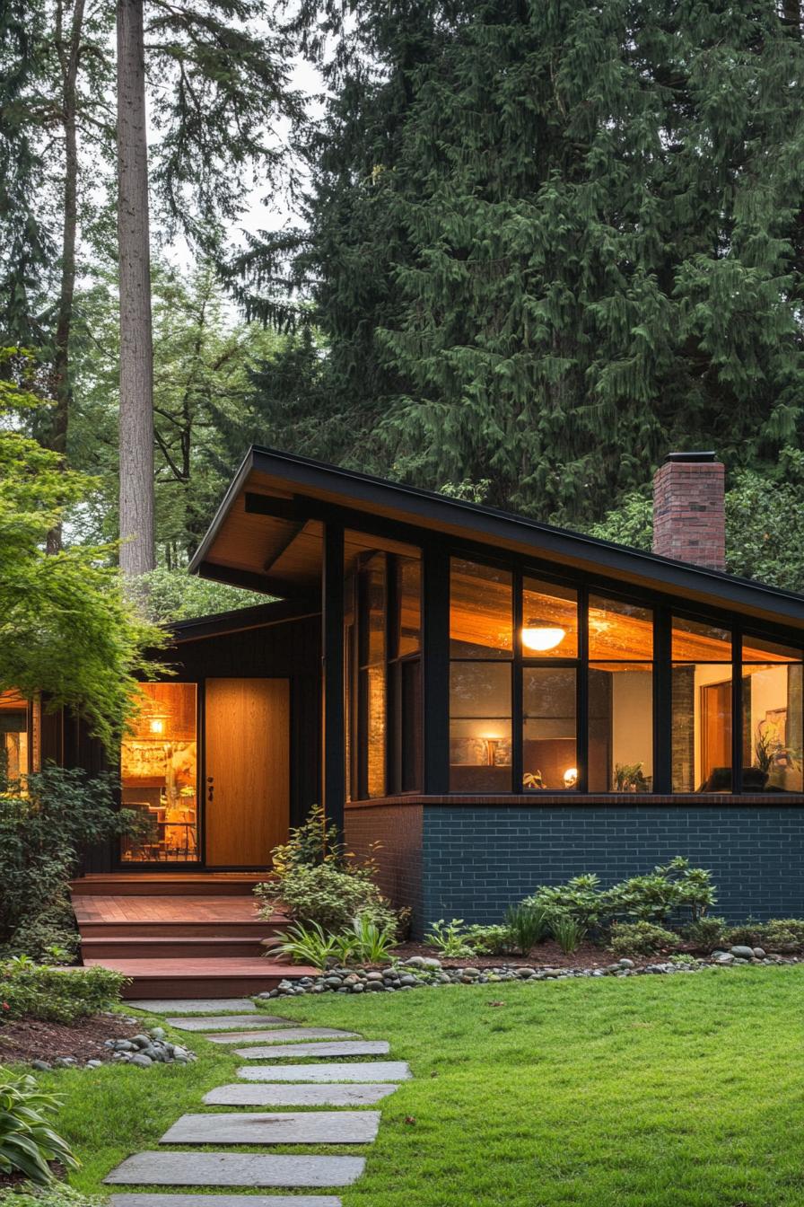 Modern house in the woods with large windows and a slanted roof