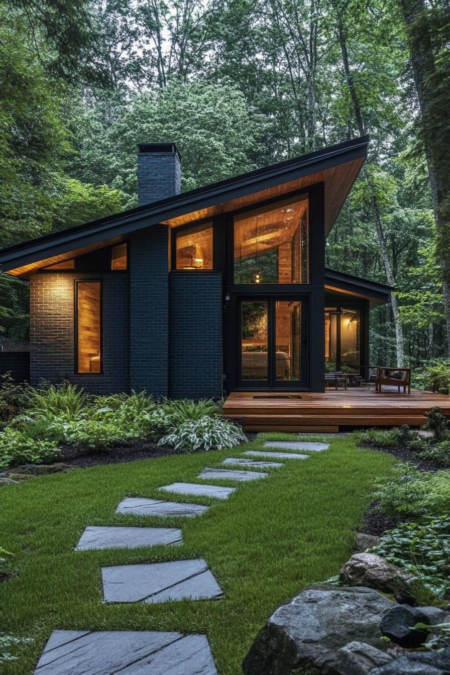 Cozy mid-century house with large glass windows surrounded by forest