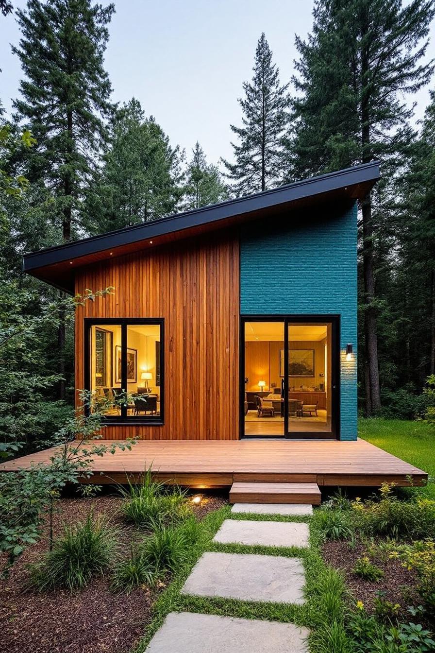 Mid-century home with wood and teal exterior in a forest setting