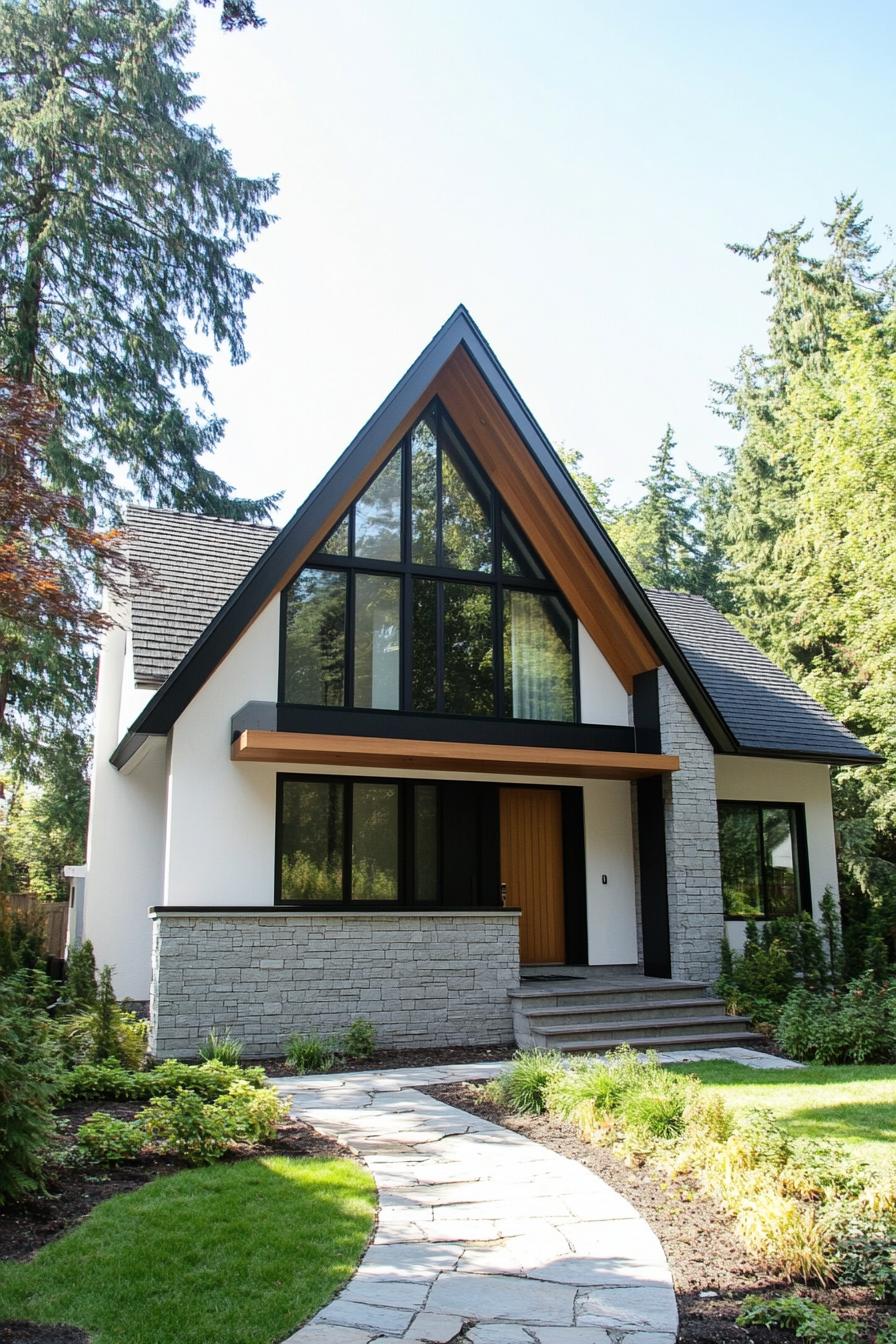 A-Frame house with large glass windows surrounded by trees