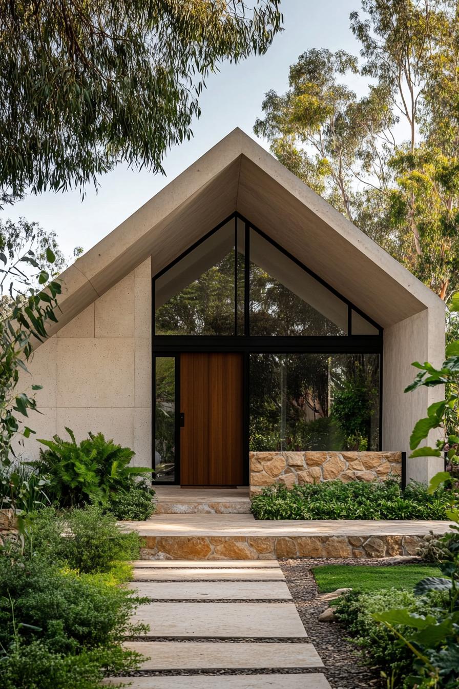 A modern A-frame house with large glass windows and a wooden door